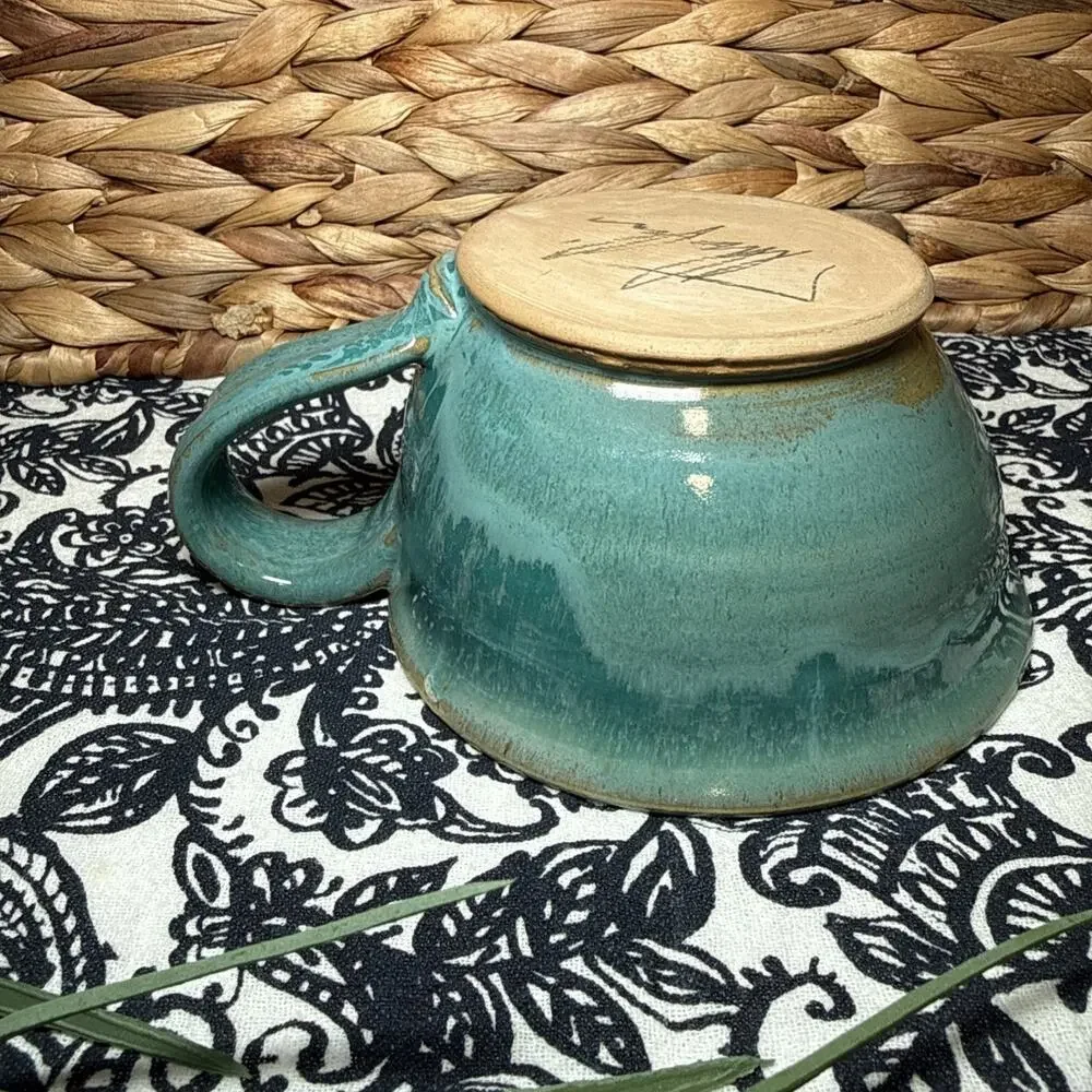 NEW Hand Made Coffee Mug Cup Artist Signed Blue Green Cream Stoneware Mug Cup